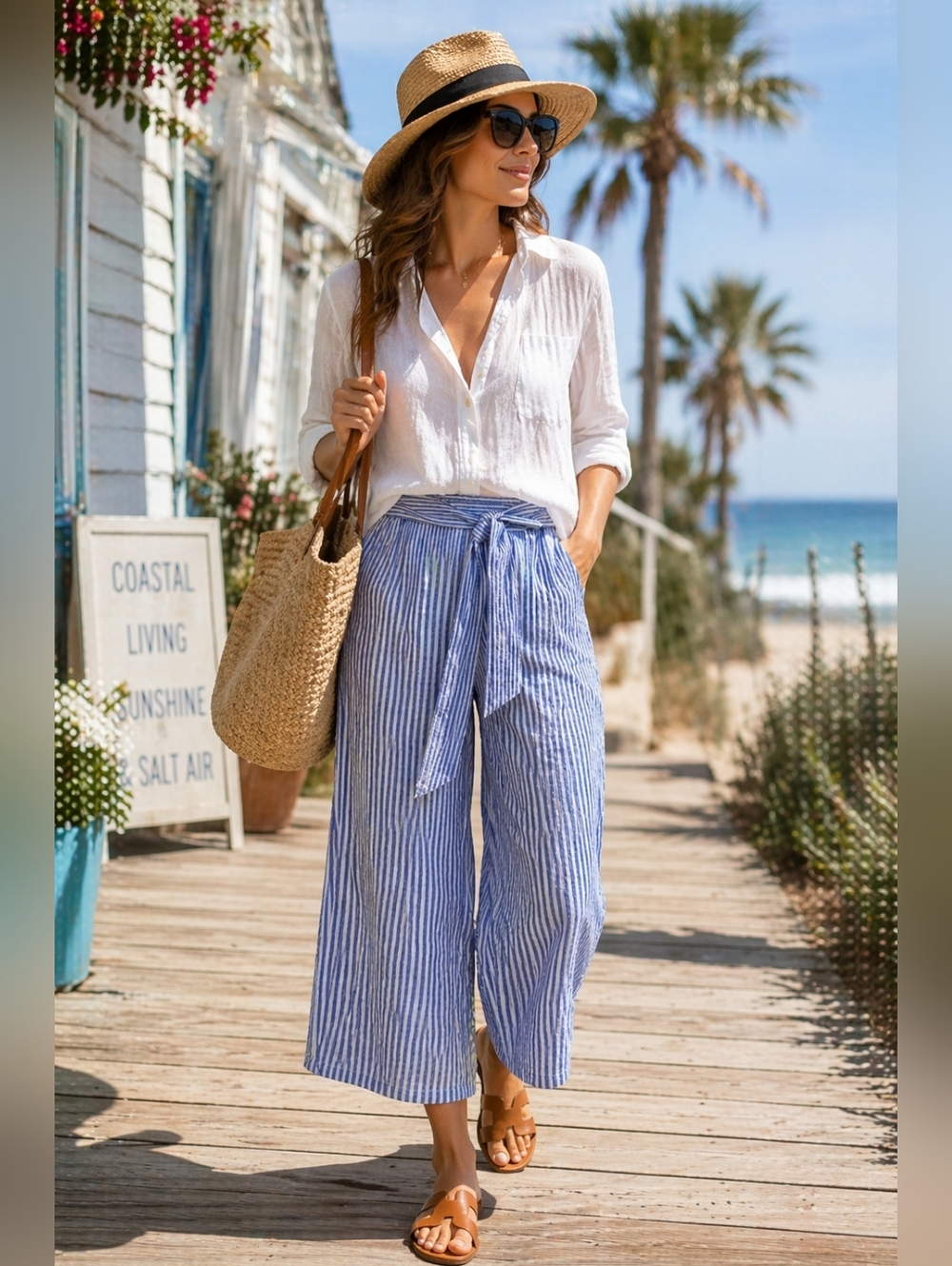 Dress Forum Coastal Wide Leg Crop Pants Blue Stripe Resort Style Small - Picture 4 of 8